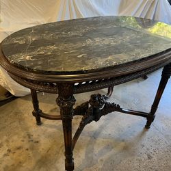 Antique Italian Marble Top Carved Walnut Table – Renaissance Revival c.1900 – Ornate Floral Carvings 
