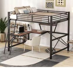 Qualler Black Full Metal and MDF Loft Bed W Desk/ Shelf