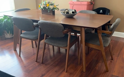 Modern Dining Set - Six Chairs - Wood Pecan - Seat & Back Color: Dark Grey