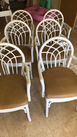 Six (6) Dining Chairs Bamboo Rattan Lilly Pulitzer Inspired White Coastal Palm Beach 