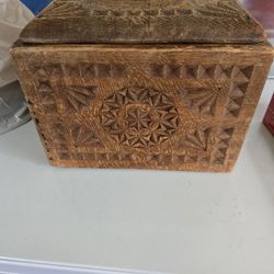 Antique Hand Carved Lidded Wood Box With Intricate Sunburst Patterns 