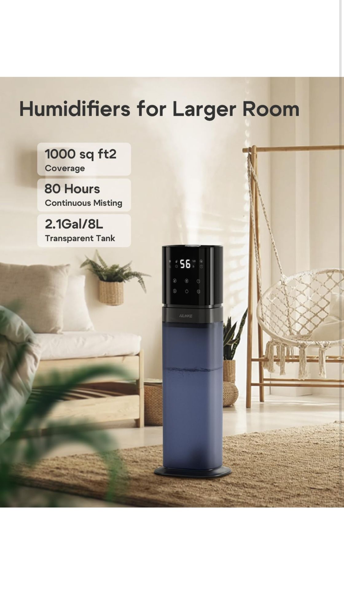 Large Humidifiers for Bedroom, 2.1Gal/8L Top Fill Humidifier Large Room Home, Ultrasonic Cool Mist Humidifier, Essential Oi