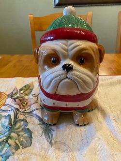 Sleigh bell Bistro Bulldog ceramic Christmas Cooke jar. 10.5 x 7 inch. Vintage/ cottage/ Bo Ho .