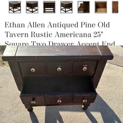 ETHAN ALLEN Antiqued Pine Old Tavern Rustic Americana 25" Square Two Drawer Accent End Table 