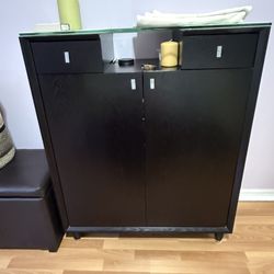 Multi-Purpose Cabinet – Glass Top & Dark Wood Base – $