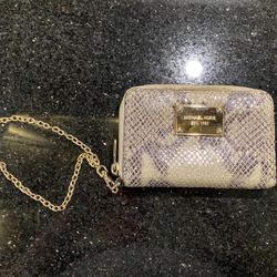 Michael Kors Snakeskin Wristlet Gold hardware Tan Interior with Chain Strap 