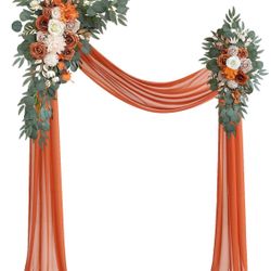 Olalaka Burnt Orange Artificial Wedding Arch Flowers Kit (Pack of 3) with 26Ft Terracotta Shiny Arch Draping Fabric for DIY Wedding Party Ceremony Rec