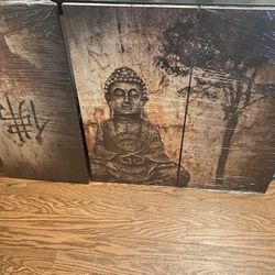 3 piece canvas Wall Decor & Buddha Statue 