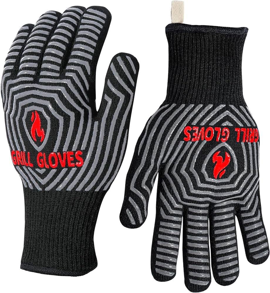 BBQ Gloves, 1472℉ Extreme Heat Resistant, Silicone Non-Slip Oven Mitts, Kitchen Gloves for Grilling, Cooking, Baking-1 Pair… (One Size Fits Most, Blac