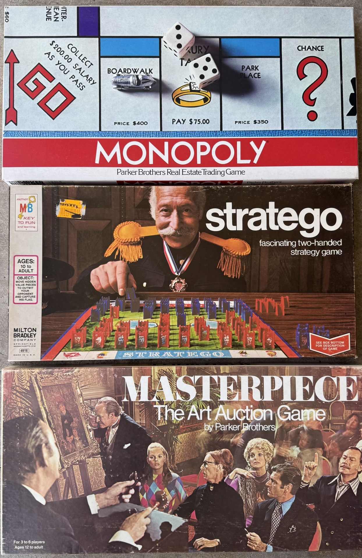 Vintage 1970s Board Game Lot – Monopoly, Stratego & Masterpiece (Complete, Excellent Condition!)