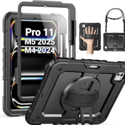 SEYMAC for iPad Pro 11 Inch Case M5 2025 / M4 2024, Heavy Duty Shockproof Protective Case with Screen Protector, 360° Rotating Stand, Hand/Shoulder St