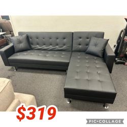 Faux Leather Upholstered Tufted Reversible Chaise L-Shape Sectional Click-Clack Convertible Sofa Bed with 2 Throw Pillows. 99.21 x 62.21 x 33.47 in. H