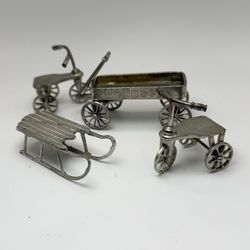 Pewter Miniature Doll House Toys Set of 4 Silver Vintage - Tricycle Sled Wagon