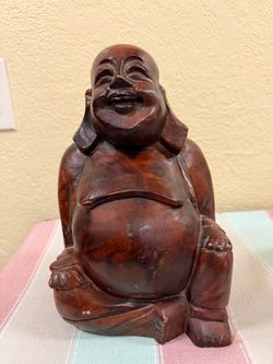 Hand-Carved Wooden Laughing Buddha Sculpture 6.25”x4.75”x10”