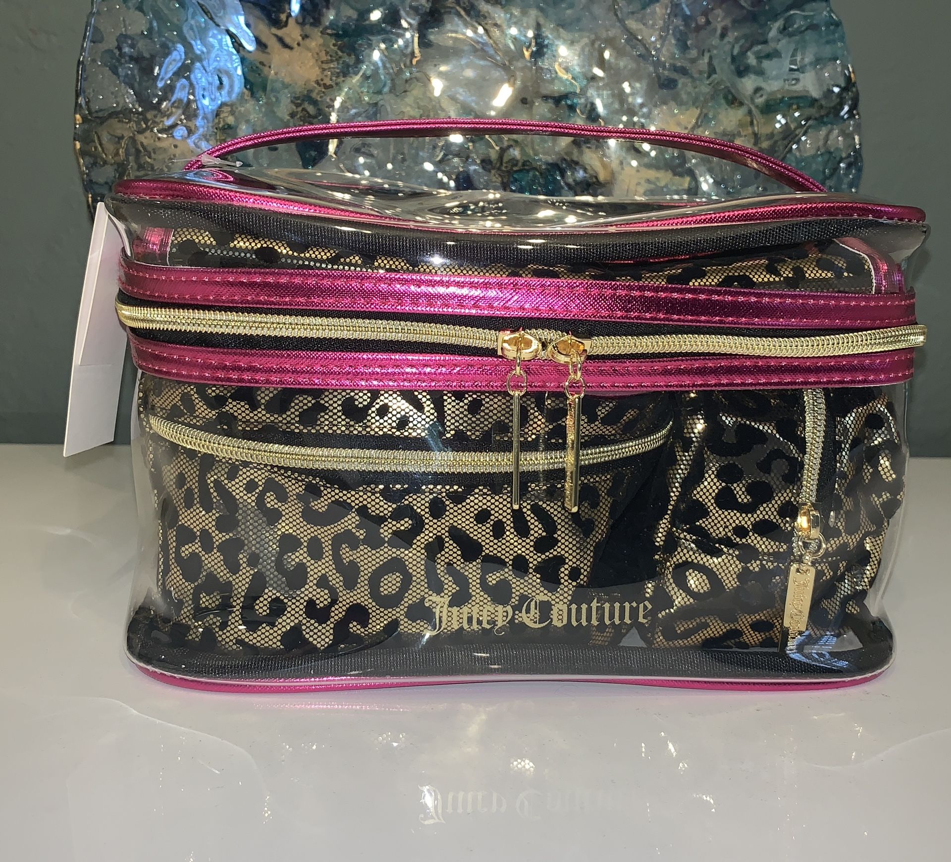 Large Juicy Couture Cosmetic Bag 4 Piece Clear Pink Cheetah