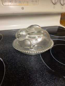 Vintage  INDIANA CLEAR GLASS Bunny Rabbit On A Nest Candy Dish With Lid NICE!