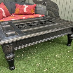 Ornate Vintage Coffee Table With Metal Inlay