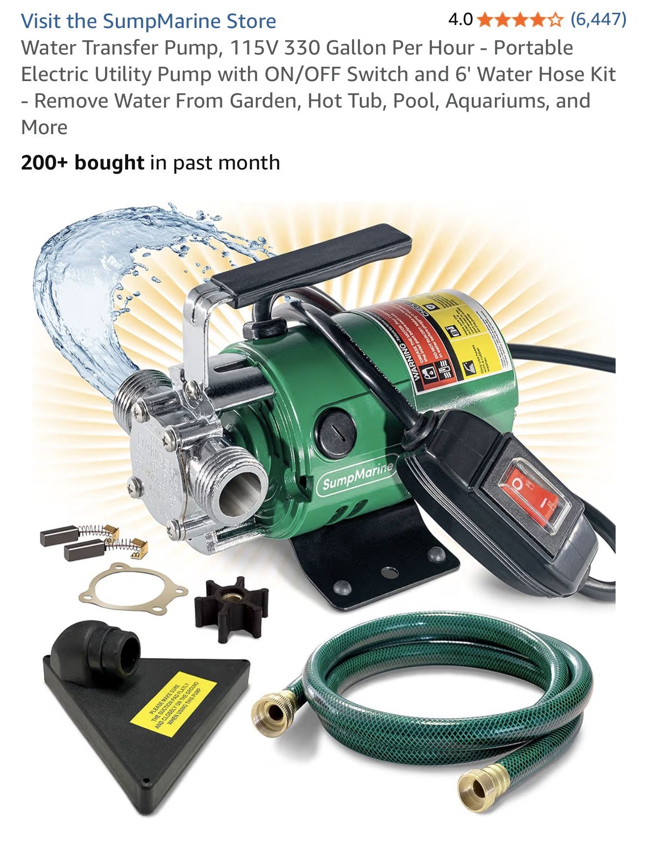 Water Transfer Pump, 115V 330 Gallon Per Hour - Portable Electric Utility Pump with ON/OFF Switch and 6' Water Hose Kit - Remove Water From Garden, Ho