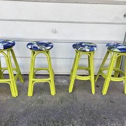 4 vintage bamboo swivel stools chairs with new fabric seats