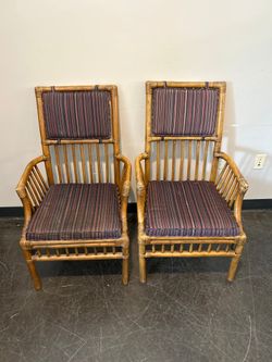Henredon Bamboo Rattan Captain’s Chair Set – Striped Cushion, with Arms
