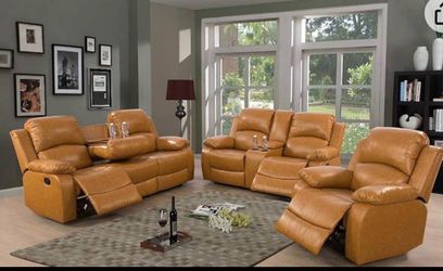 Carmel leather fully reclining three piece couch set