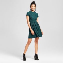 Teal And Black High Neck Fit & Flare Dress (Small)