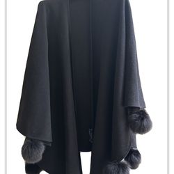 FRENCH SHAWL PONCHO BLACK WOOL & CASHMERE WITH ADORABLE POM-POMS  From Vacation In Paris