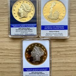 3-Coin Replica Set – 1849 Liberty Head & Statue of Liberty – Layered in 24K Gold