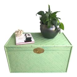 XL Vintage Faux Bamboo Woven Rattan Storage Chest | Jadeite Green & Gold Trunk | Chinoiserie Table | Brass Hardware | End of Bed Storage