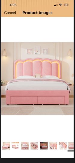 Pink Velvet Upholstered Bed Frame with LED Headboard