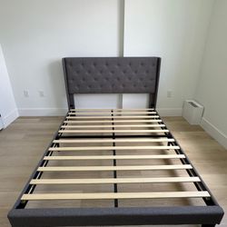 Modern Queen Bed Frame - Tufted Gray Headboard
