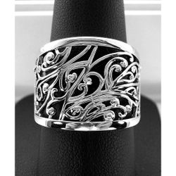 Size 8, 925 Sterling Silver Extravagant Vines Swirls Wide Band Ring