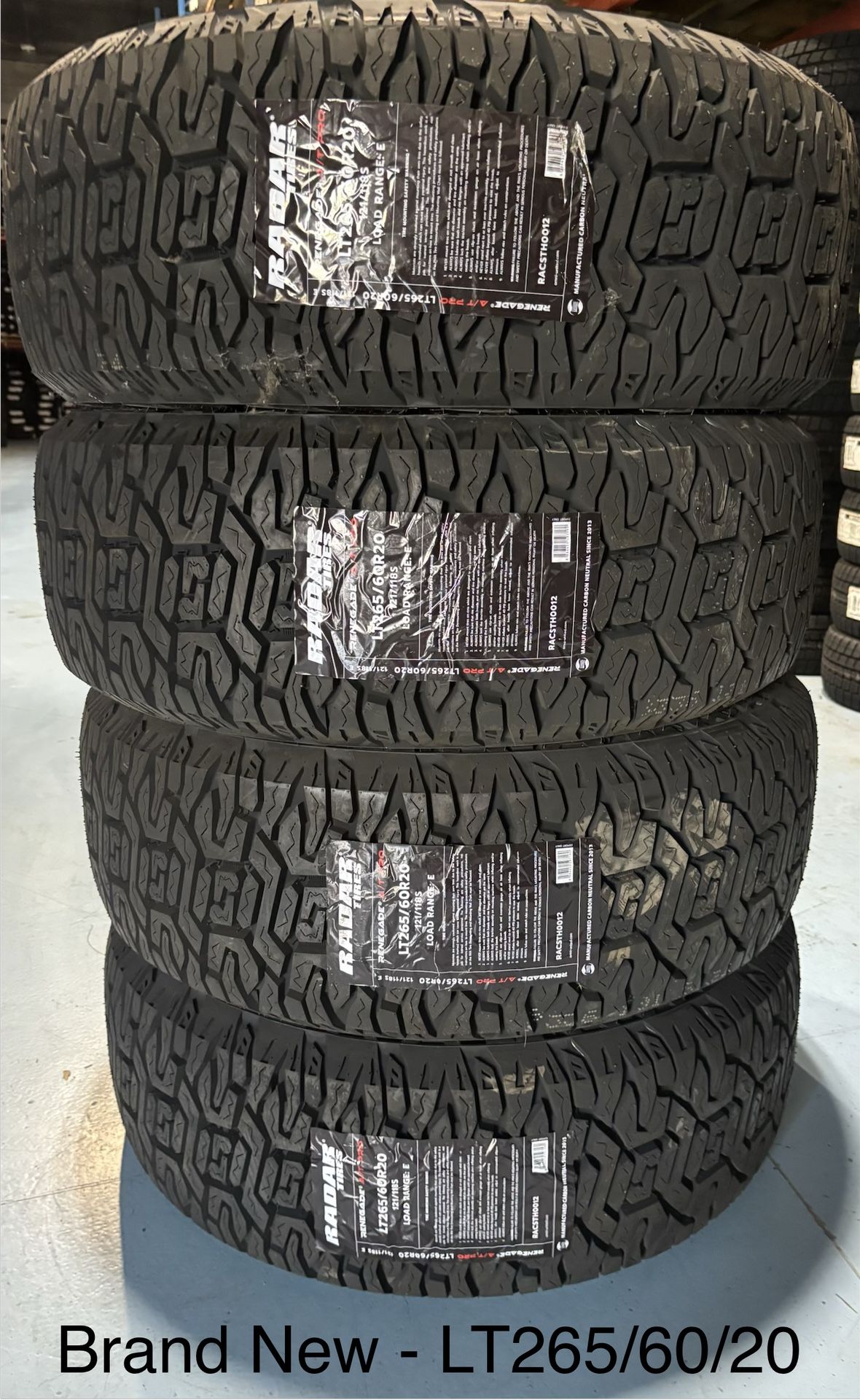 (4) - LT265/60/20 Radar Renegade A/T Pro Tires