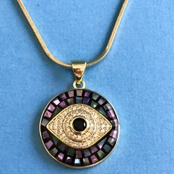 Ladies Evil Eye Necklace with 3/4” Pendant On Snake Chain- Multicolor & Sparkling Crystals Gold Plate *Ship Nationwide Or Pickup Boca Raton