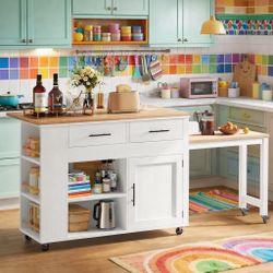 NEW Rolling Kitchen Island w/ Extension Table & Outlet