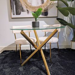 MODERN GLASS & GOLD DINING SET, RUG & TREE