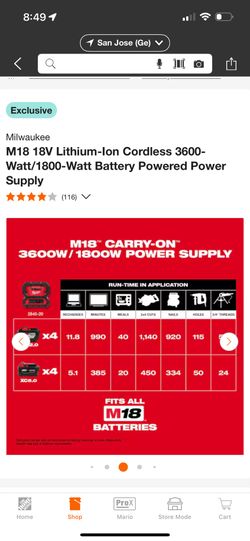 M18 18V Lithium-Ion Cordless 3600-Watt/1800-Watt Battery Powered Power Supply