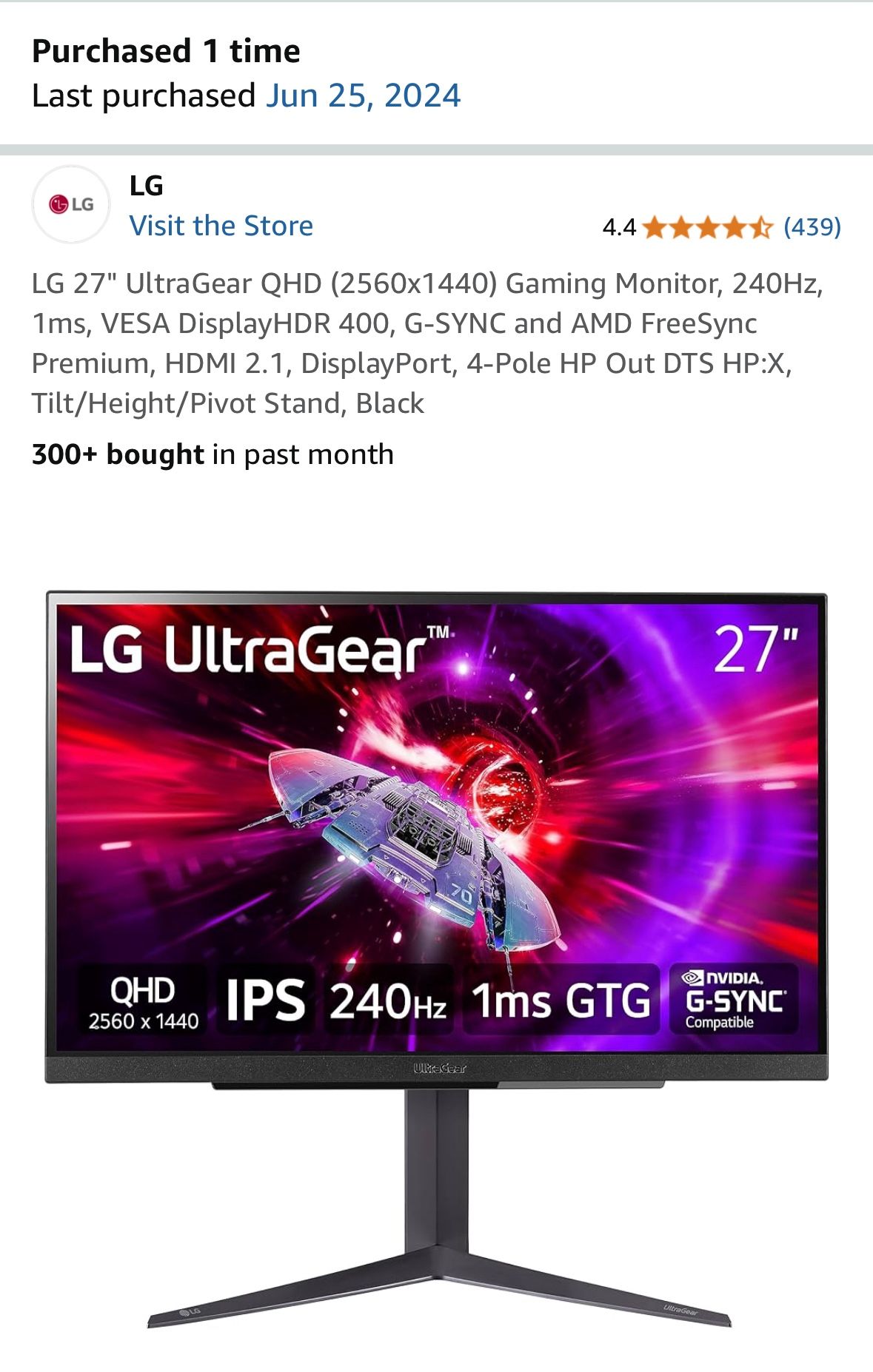 LG 27” 1440p 240Hz gaming monitor