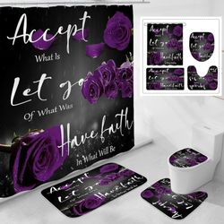 4 Pcs Purple Rose Shower Curtain Sets with Non-Slip Rug, Toilet Lid Cover, Bath Mat, Grateful Blessed Black Purple Retro Elegant Shower Curtain Valent