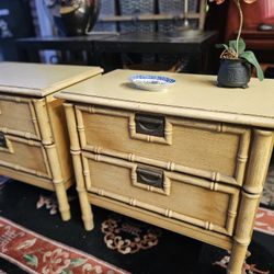 Hollywood Regency style nightstands with faux bamboo detailing and brass hardware