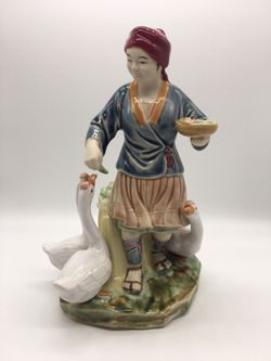 Vintage Chinese Boy With Geese 9” Ceramic Figurine
