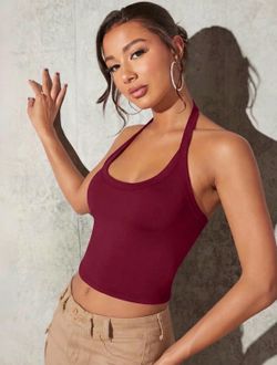 New Women’s Size Medium Burgundy Red Crop Halter Tank Top