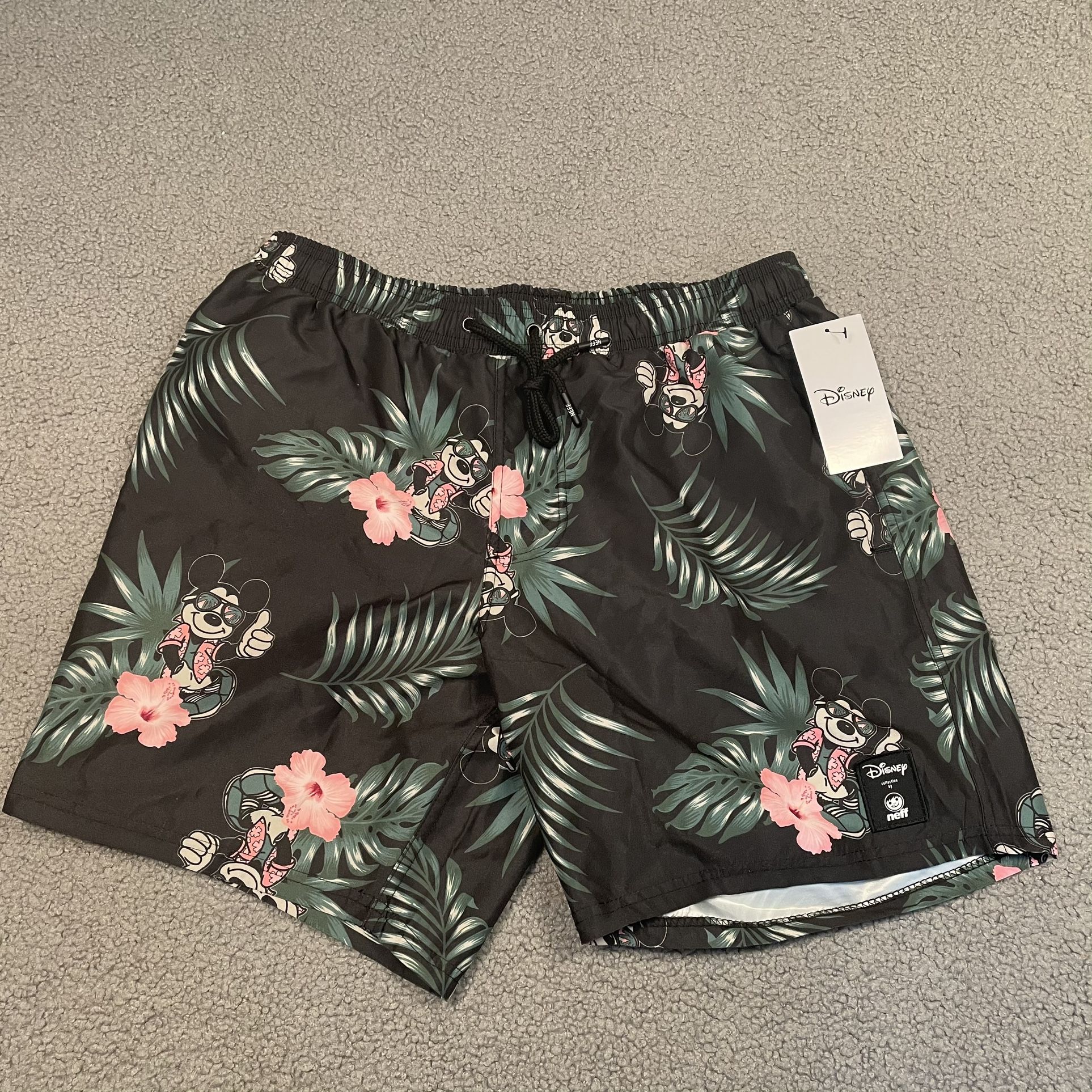 Disney x Neff Men’s Swim Trunks Size Medium Black Pink Floral Mickey Mouse Hawaiian 
