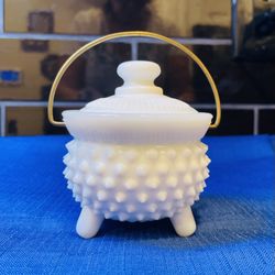 Beautiful Fenton Milk Glass Hobnail Mustard Jar With Brass Handle