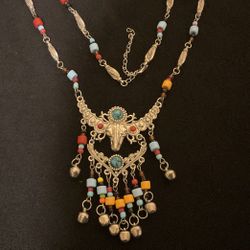 24” SilverTone Solid Beaded Necklace With Tribal Pendant 
