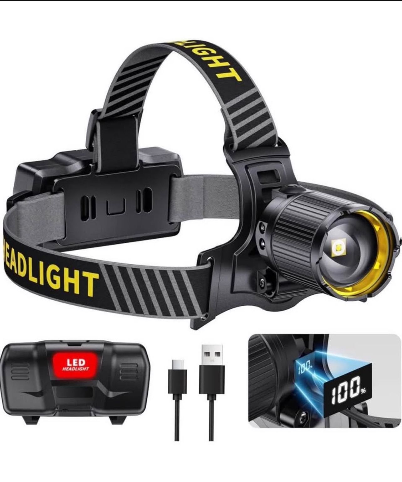 Brand New Led Rechargeable Headlamp , 990000LM Super Bright Head Lamp with Motion Sensor & 5 Modes & Zoomable & IPX7 Waterproof, 120°Adjustable Head L