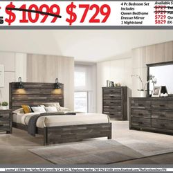 4pc Bedroom Set $729 Queen $829 Eastern King Includes bedframe W/ Led Lamps Dresser mirror nightstand Brown Gray Multi Colored Bedroom Set