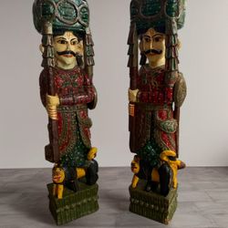 Vintage Indonesian Wood Carved Soldier Figurine Hand Painted Bali Warrior Pair 