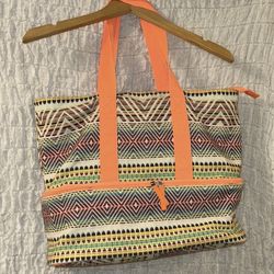 Geometric Beach/Picnic Tote Bag, Cooler Bottom Section, Lined, Inner Pockets