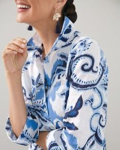Chico’s Woman’s 100% Linen Button Up Shirt Paisley 3/4 Sleeve Regatta Blue, Sz 1